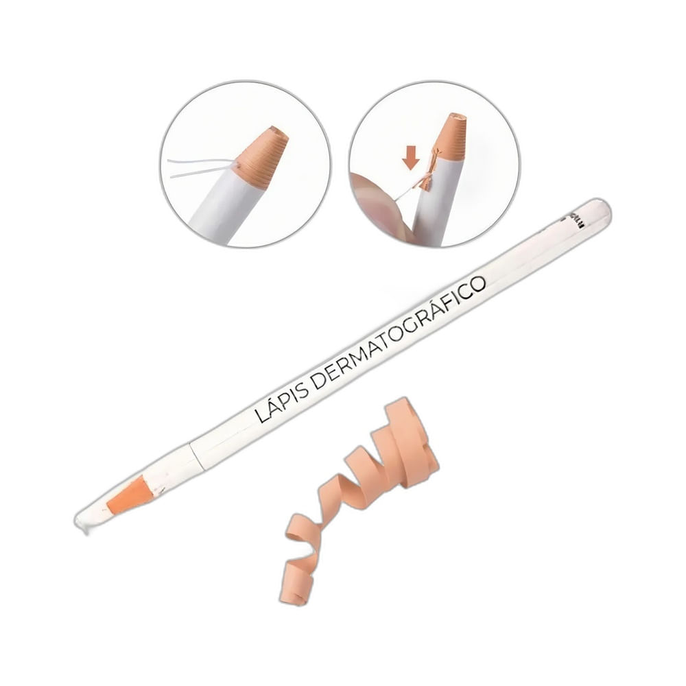 Lápis Dermatográfico Menela Branco com tampa translúcida e ponta sendo apontada